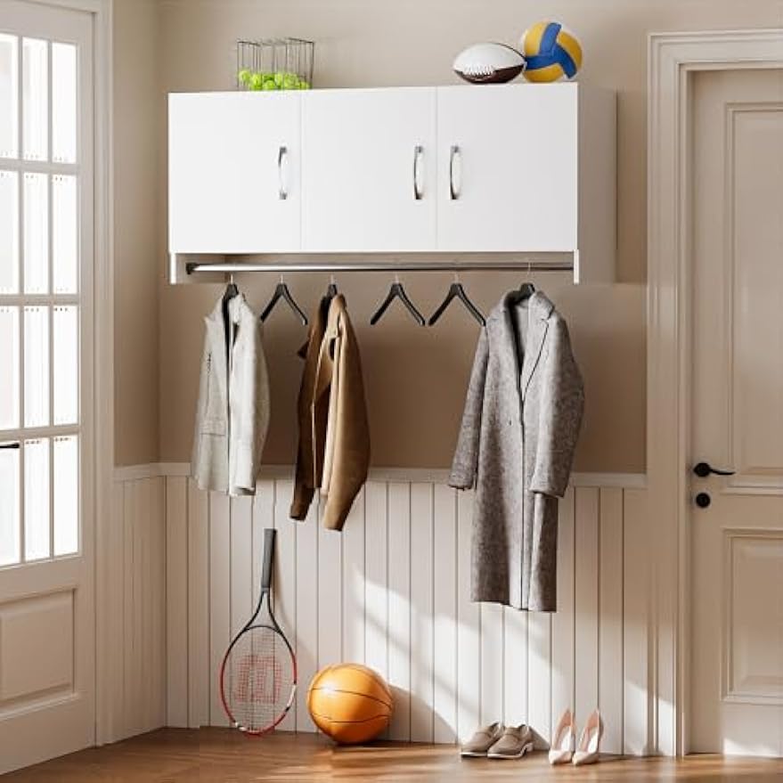 54”Wall Mounted Cabinet with Hanging Rod | 3-Door Storage Cabinet with Adjustable Shelf, Hanging Storage Cupboard for Laundry Room, Mudroom, Garage, Kitchen