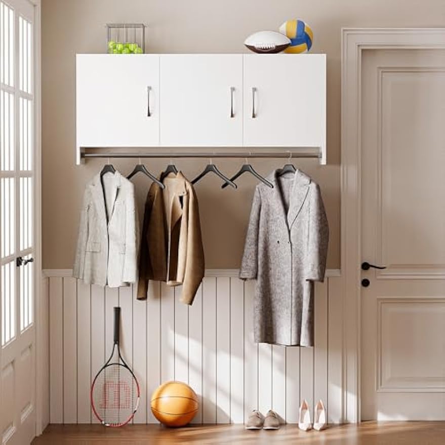 54”Wall Mounted Cabinet with Hanging Rod | 3-Door Storage Cabinet with Adjustable Shelf, Hanging Storage Cupboard for Laundry Room, Mudroom, Garage, Kitchen
