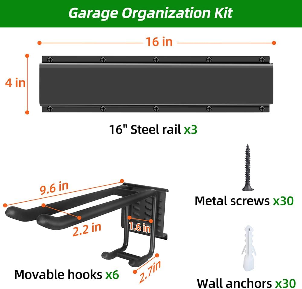 Garage Organization Wall Mount with 48 inches Rails and 6 Double-layer Hooks, Heavy Duty Garden Tool Rack, Hanging Storage Rack For Yard Tools, Shed