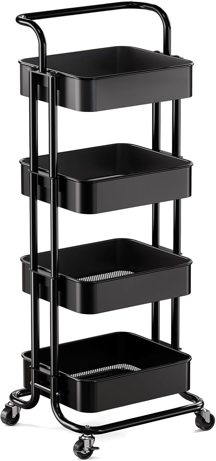 Pipishell 3 Tier Mesh Utility Cart, Rolling Metal Organization Cart with Handle and Lockable Wheels, Multifunctional Storage Shelves for Kitchen Living Room Office White