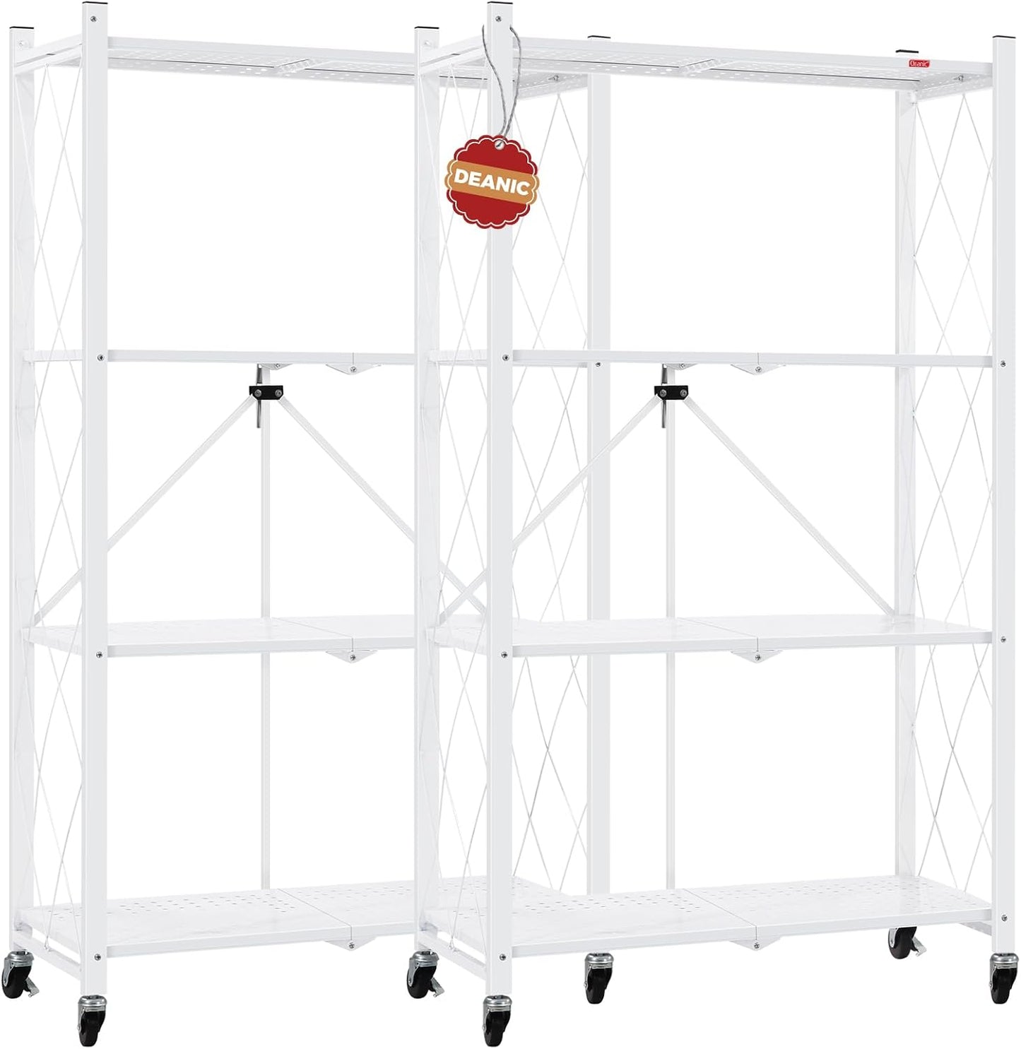 DEANIC 4 Tier Foldable Storage Shelves with Wheels, Large Capacity Shelving Unit, Freestanding Metal Wire Shelf Rack, No Assembly Organizer Rack for Garage Kitchen, Basement, Pantry(Black)