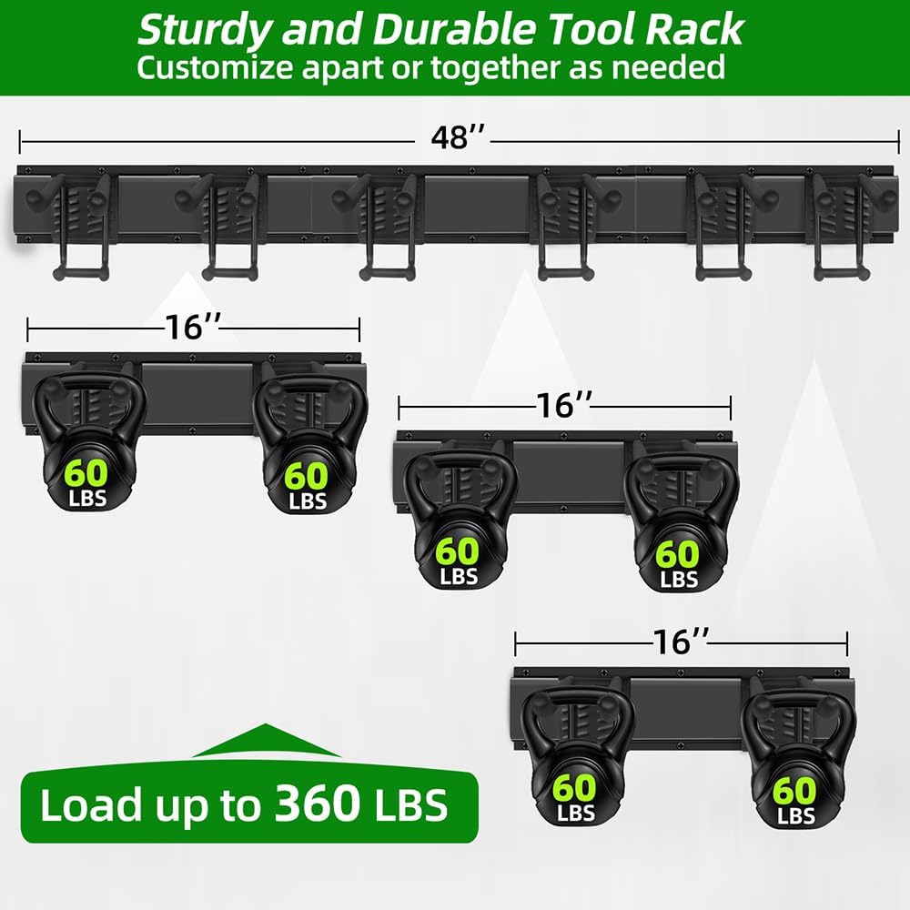 Garage Organization Wall Mount with 48 inches Rails and 6 Double-layer Hooks, Heavy Duty Garden Tool Rack, Hanging Storage Rack For Yard Tools, Shed