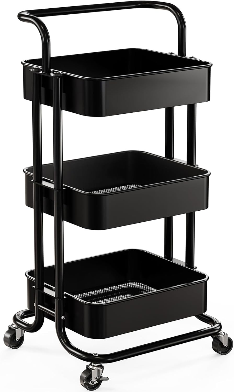 Pipishell 3 Tier Mesh Utility Cart, Rolling Metal Organization Cart with Handle and Lockable Wheels, Multifunctional Storage Shelves for Kitchen Living Room Office White
