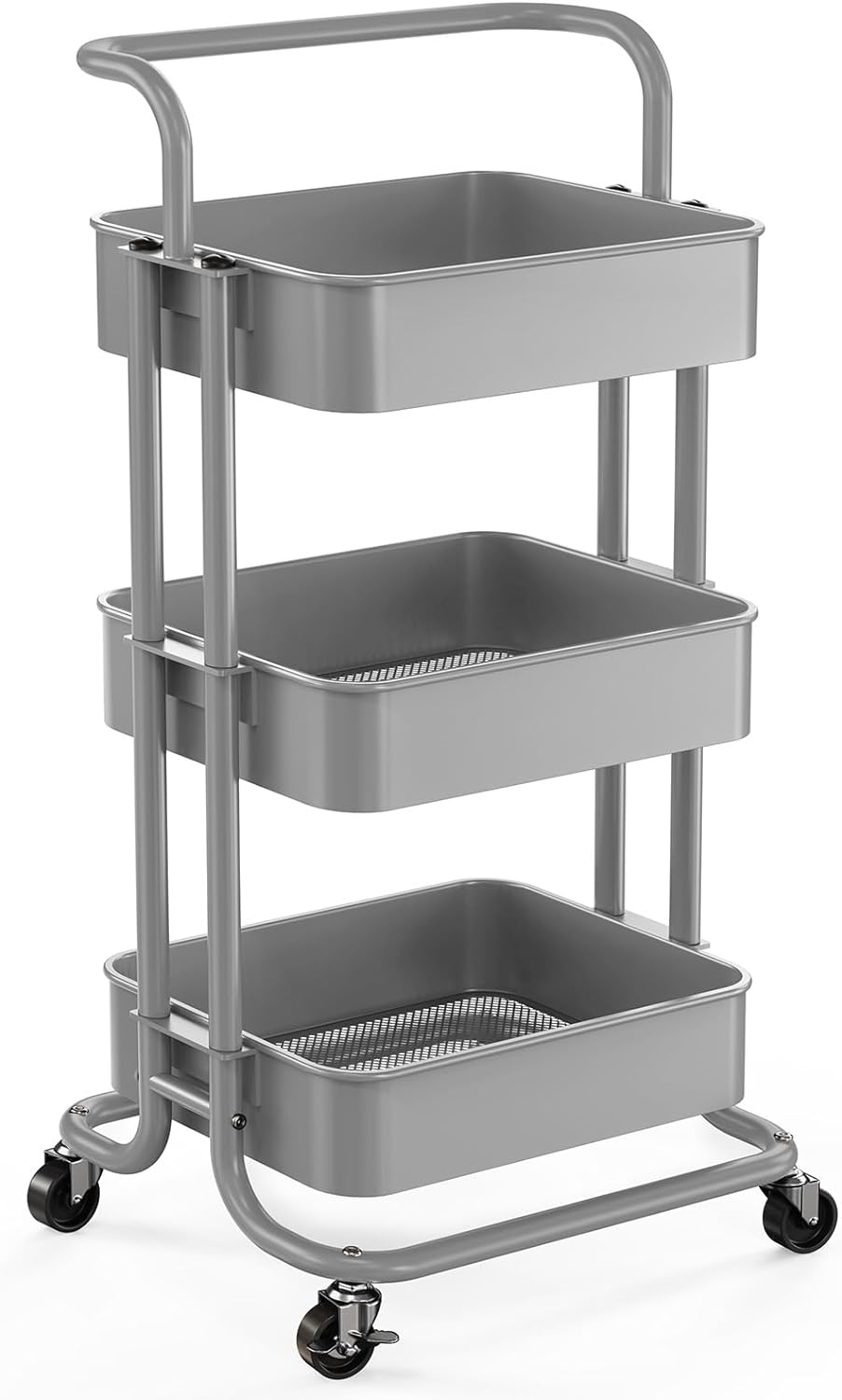 Pipishell 3 Tier Mesh Utility Cart, Rolling Metal Organization Cart with Handle and Lockable Wheels, Multifunctional Storage Shelves for Kitchen Living Room Office White
