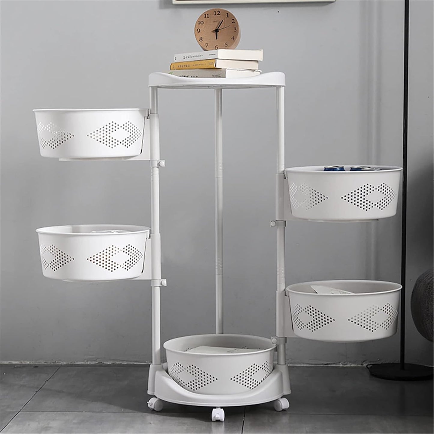 5 Tier Kitchen Storage Cart Multi-Layer Storage Basket with Wheels Fruit Vegetable Storage Shelves Racks Rolling Storage Cart for Kitchen Living Room Bedroom, White (5 Tier)
