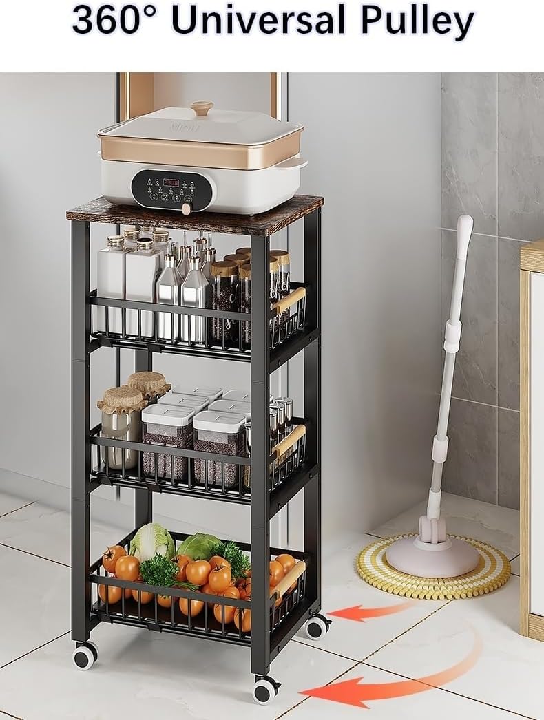 Metal Wire Baskets with Wheels, Stackable Storage Bins Kitchen Organizer Shelf, Multi Layer Fruit Vegetable Cart Dishes Seasonal Rack Freestanding with Pull Out Slide Drawer