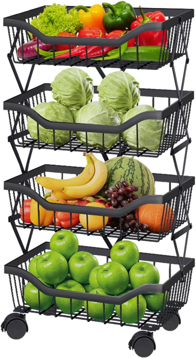 Newzeal Fruit Vegetable Storage Basket 5 Tiers Stackable Metal Wire Fruit Basket Kitchen Cart with Wheels Vegetable Storage Holder for Onions Potatoes Bread Snack Veggie, Black
