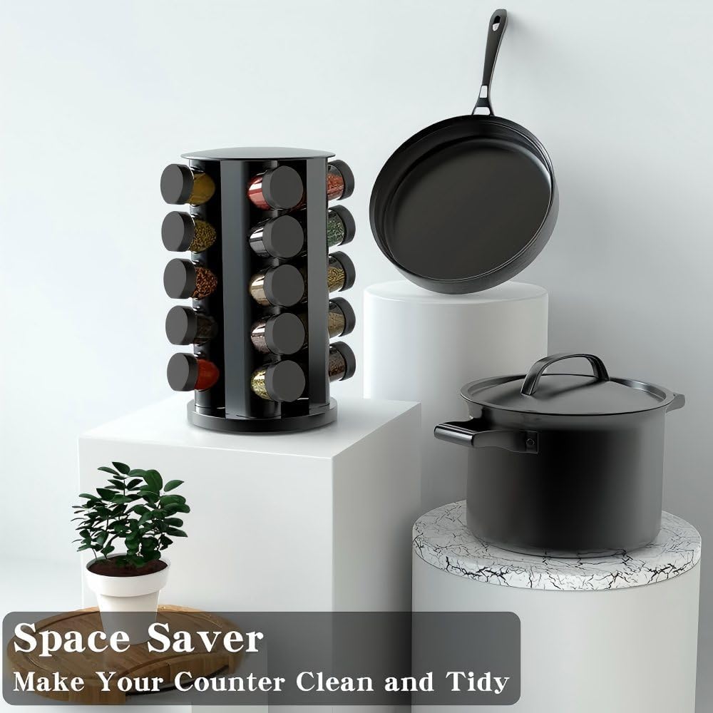 Rotating Spice Rack Organizer for Cabinet, Spice Racks Storage with 20 Jars, Spinning Spice rack for Kitchen Countertop, Spice Holder,Seasoing Storage Racks,Black
