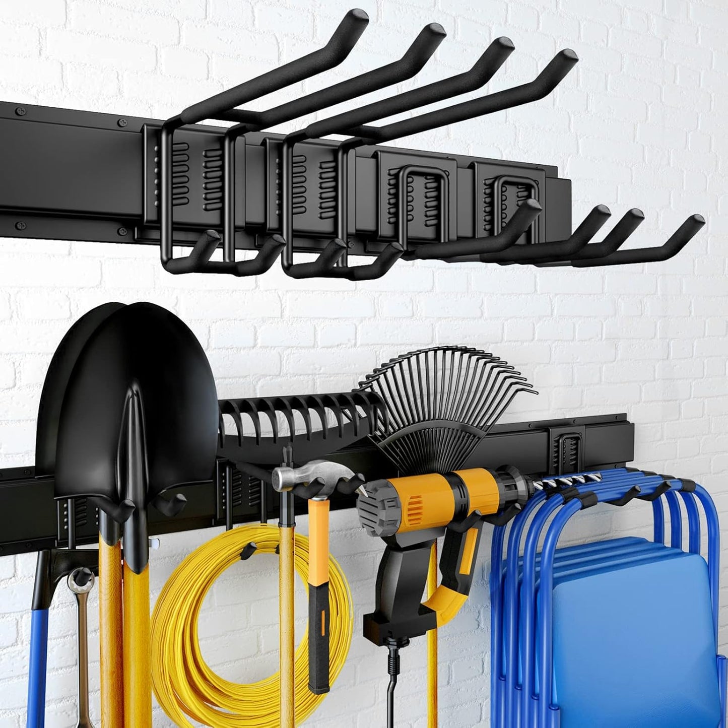 48 Inches Garage Storage, Garage Organization, Wall Mount Garden Tool Organizer, 440lbs Adjustable Heavy Duty Metal Hanging Hooks, Yard Rack Hanger System Shovel Rake Broom Ladder Holder, Men Gift