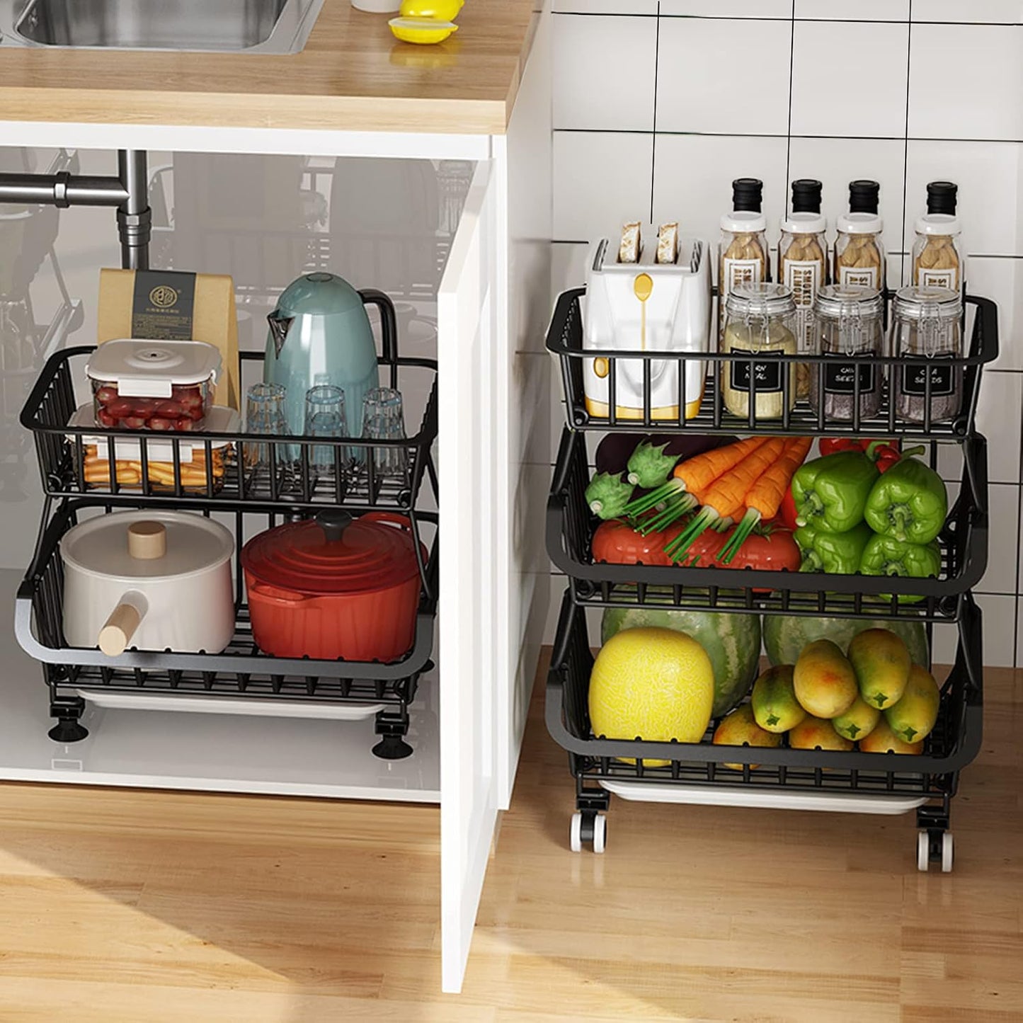 Metal Wire Baskets with Wheels, Stackable Storage Bins Kitchen Organizer Shelf, Multi Layer Fruit Vegetable Cart Dishes Seasonal Rack Freestanding with Pull Out Slide Drawer