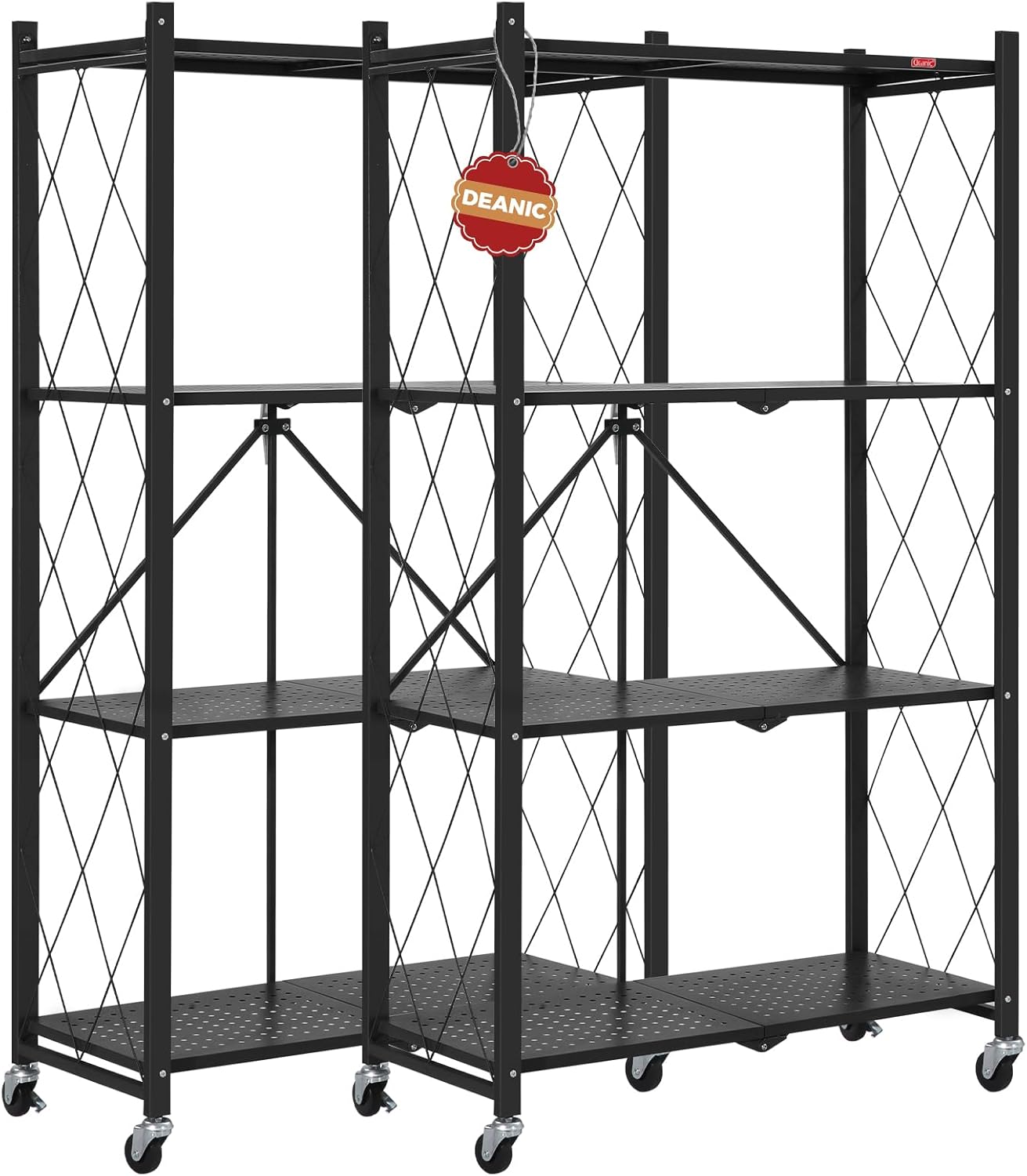 DEANIC 4 Tier Foldable Storage Shelves with Wheels, Large Capacity Shelving Unit, Freestanding Metal Wire Shelf Rack, No Assembly Organizer Rack for Garage Kitchen, Basement, Pantry(Black)