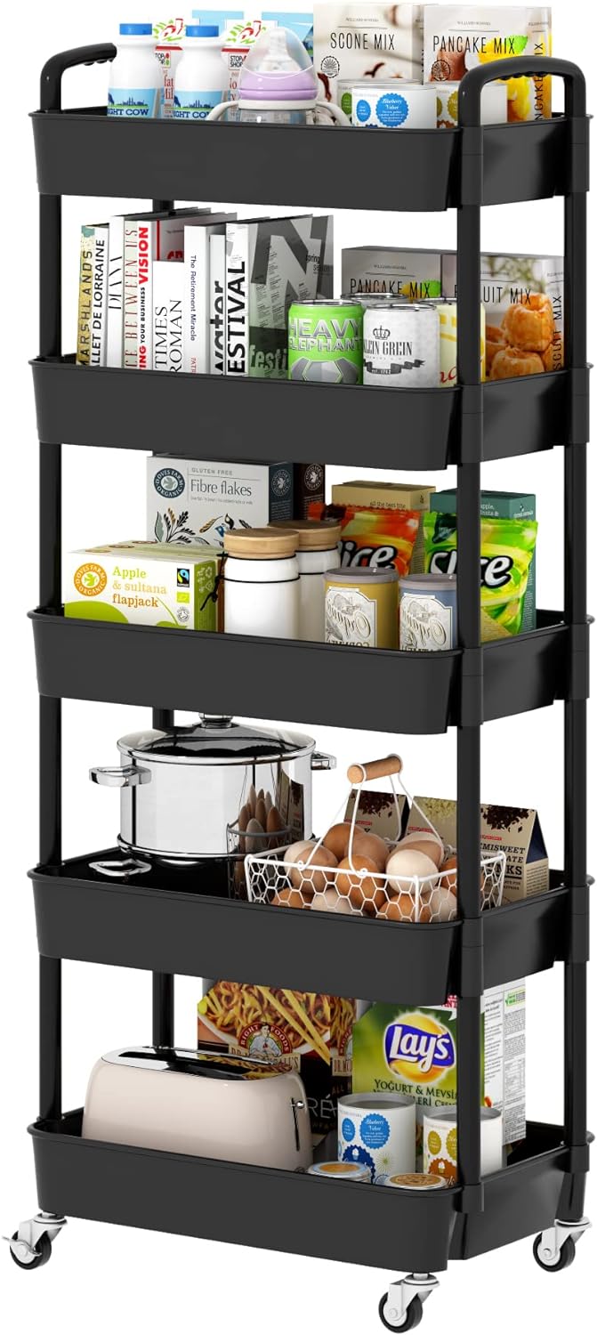 Sywhitta 4-Tier Plastic Rolling Utility Cart with Handle, Multi-Functional Storage Trolley for Office, Living Room, Kitchen, Movable Storage Organizer with Wheels, Black