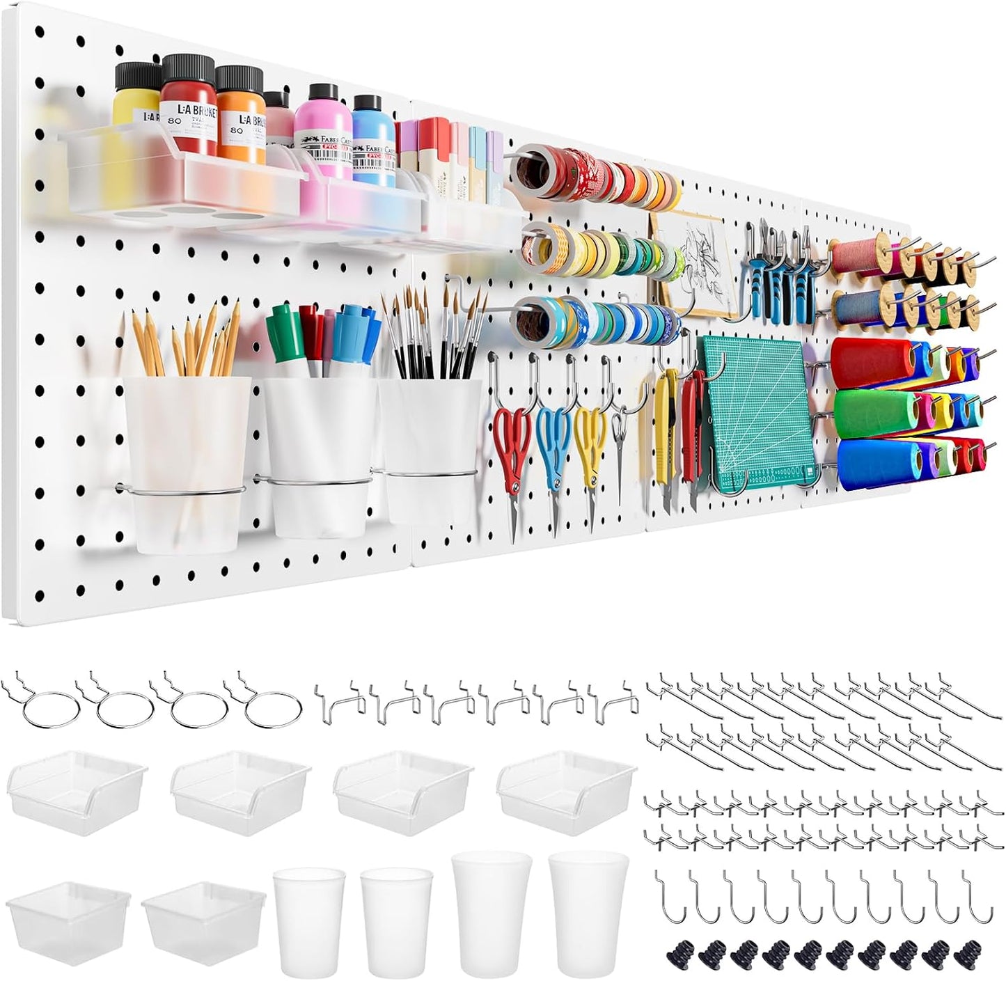 FZK Peg Board, 4 Pack Metal Pegboard Kit,Black Pegboard Wall Organizer with 32 Pcs Hooks, Peg Board for Walls Home, Garage Tool Storage, Office Organization, Kitchen, Craft Room