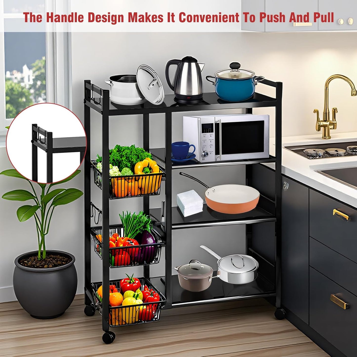 ALSO GO 4 Tiers Freestanding Kitchen Storage Rack, Multi-Functional Multi-Layer Mobile Storage Shelf with 3 Baskets, Suitable for Kitchen, Bedroom, Living Room, and Balcony, Black