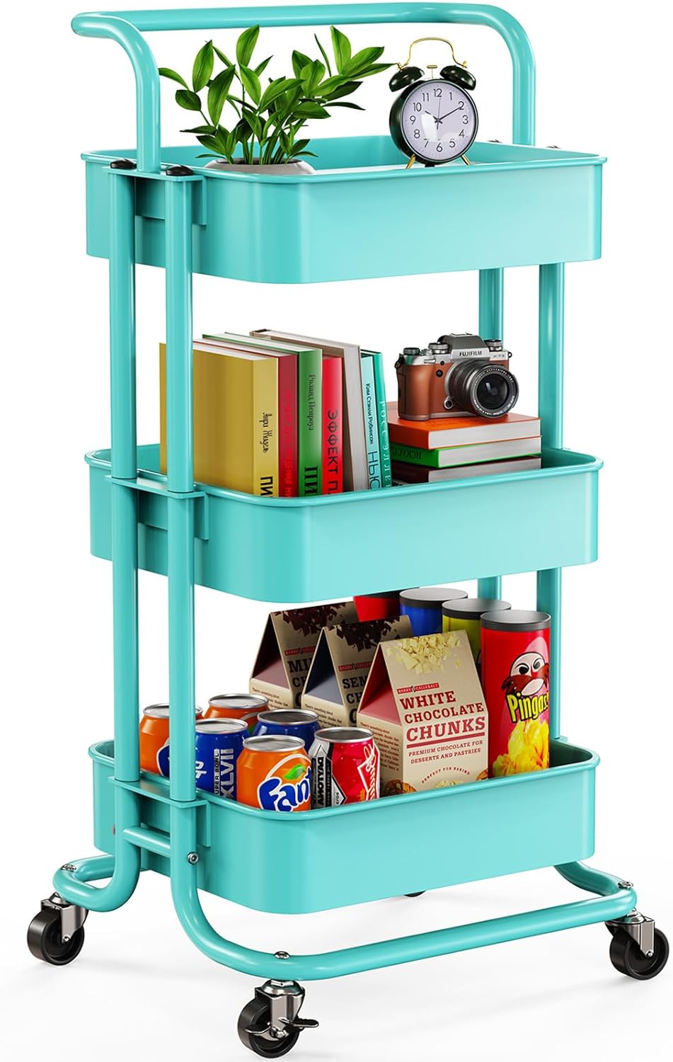 Pipishell 3 Tier Mesh Utility Cart, Rolling Metal Organization Cart with Handle and Lockable Wheels, Multifunctional Storage Shelves for Kitchen Living Room Office White