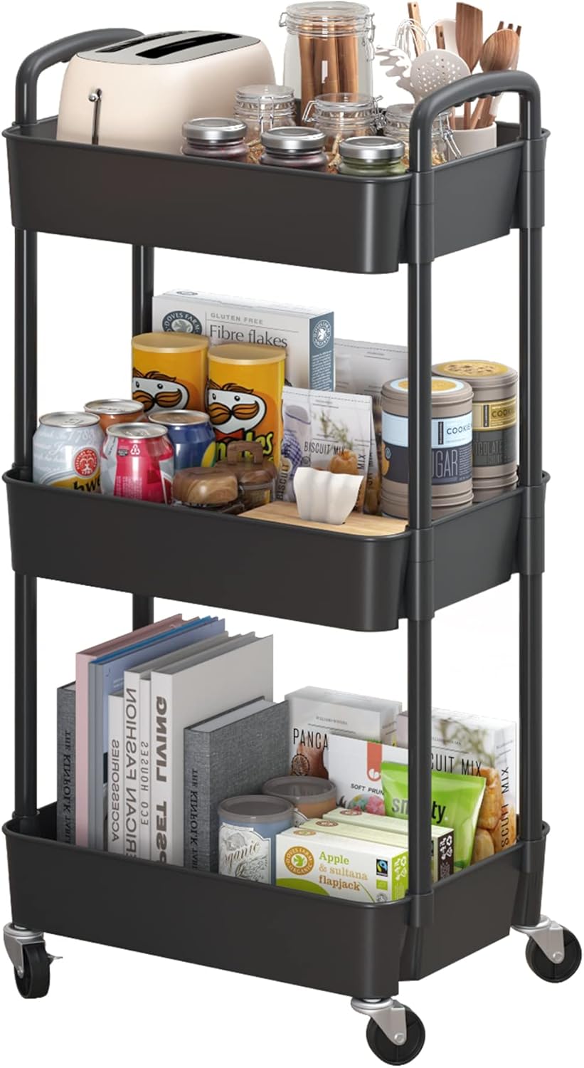 Sywhitta 4-Tier Plastic Rolling Utility Cart with Handle, Multi-Functional Storage Trolley for Office, Living Room, Kitchen, Movable Storage Organizer with Wheels, Black