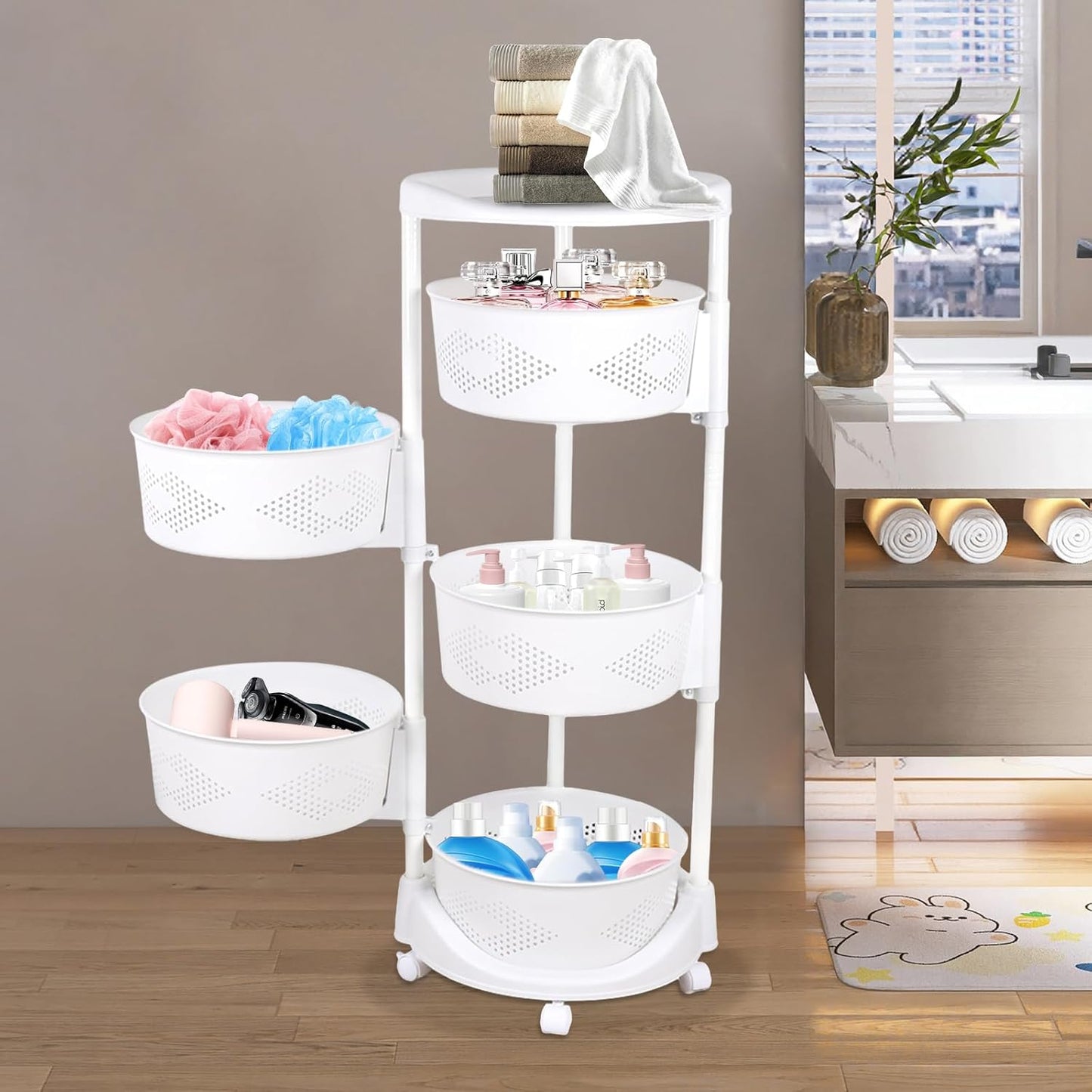 5 Tier Kitchen Storage Cart Multi-Layer Storage Basket with Wheels Fruit Vegetable Storage Shelves Racks Rolling Storage Cart for Kitchen Living Room Bedroom, White (5 Tier)