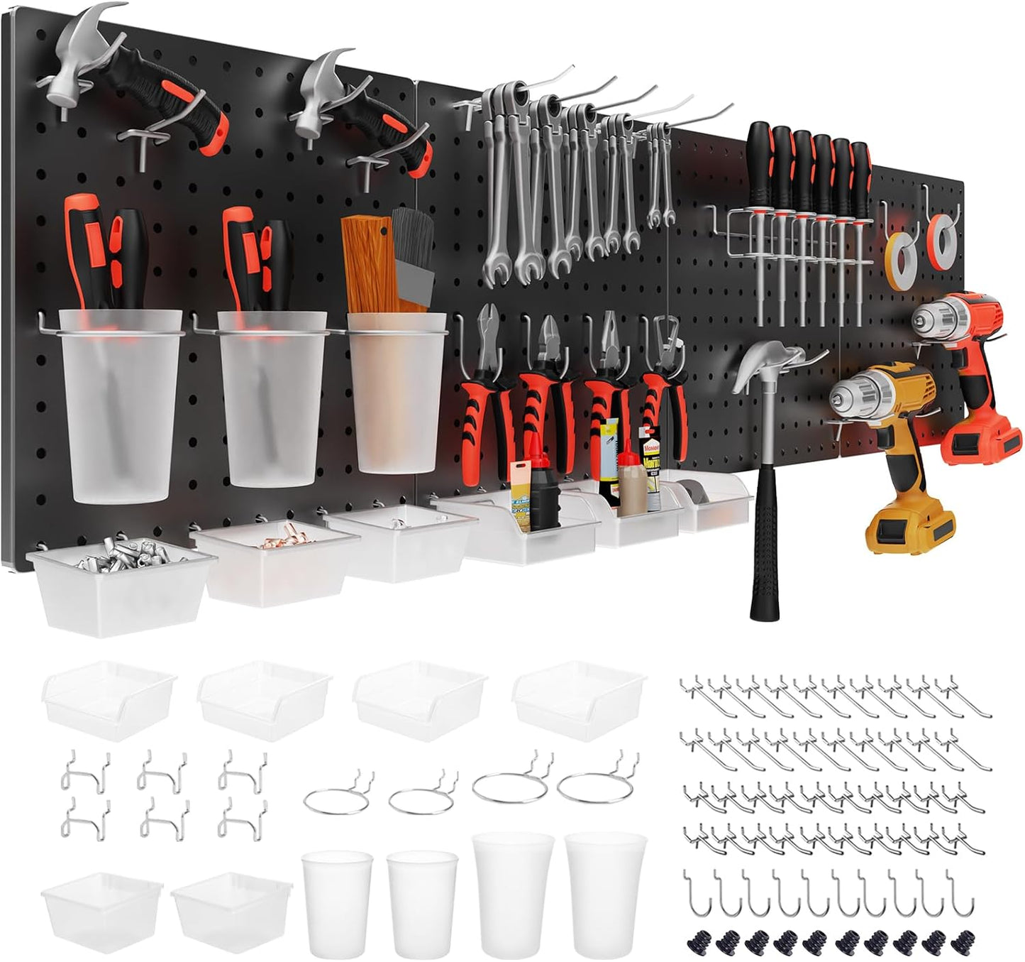 FZK Peg Board, 4 Pack Metal Pegboard Kit,Black Pegboard Wall Organizer with 32 Pcs Hooks, Peg Board for Walls Home, Garage Tool Storage, Office Organization, Kitchen, Craft Room