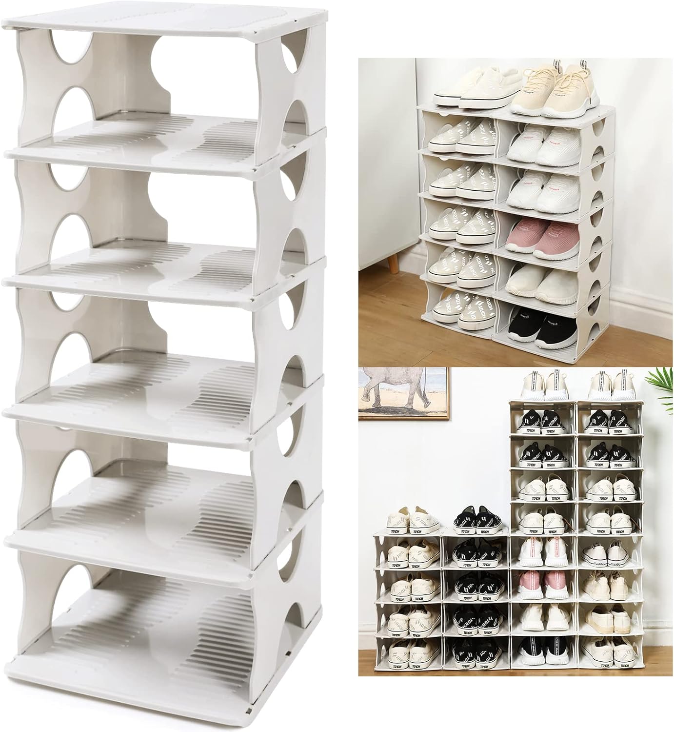 6-Tier Shoe Rack, Stackable Storage Organizer for Bedroom Entry, Adjustable Rack, Shoe Slots Shelf, Easy Tower Rack, Grey