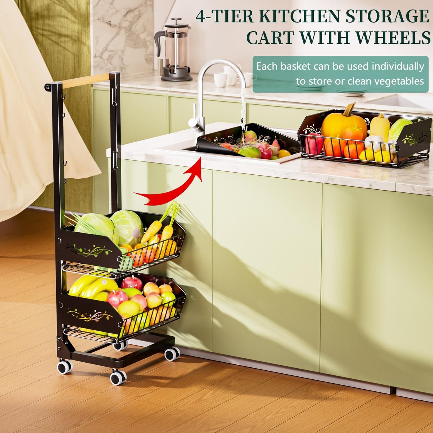 Heavy 4-Tier Snack Cart with Wheels ,Rolling Pantry Floor Organizers ,Upgraded Wider and Thicker, Kitchen Fruit Basket Stand and Storage Rack for Fruit Snack Onion Potato, (Wooden Handle)