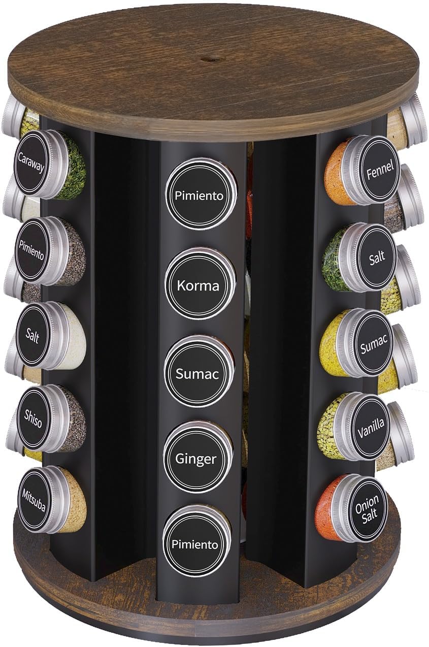 Revolving Spice Rack Set with 20 Spice Jars, Kitchen Spice Tower Organizer for Countertop or Cabinet -- Carousel Storage Includes 386 Spice Labels -- Desktop Rotating Seasoning Organizer