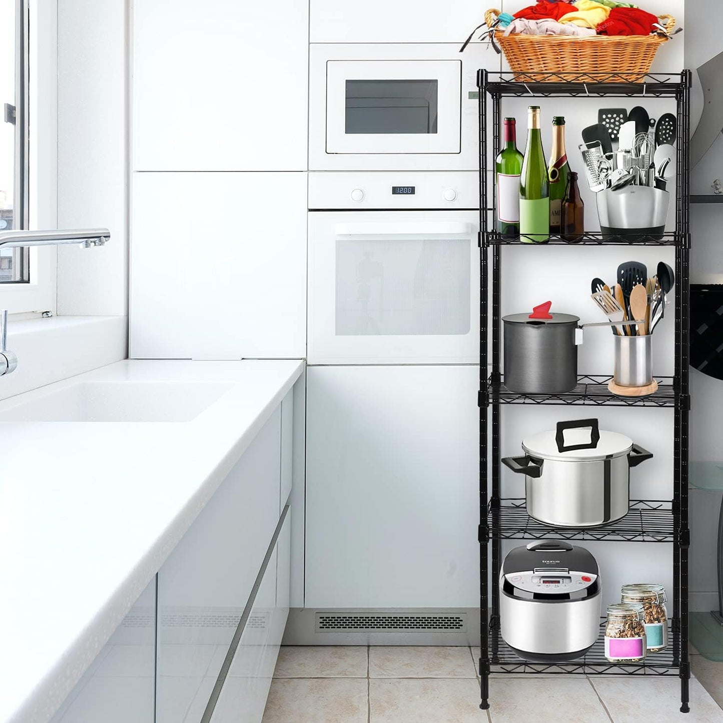 5-Tier Wire Shelving Adjustable Shelves Unit Metal Storage Rack for Laundry Bathroom Kitchen Pantry Closet Organization (Black, 16.6" L x 11.4" W x 49.1" H)