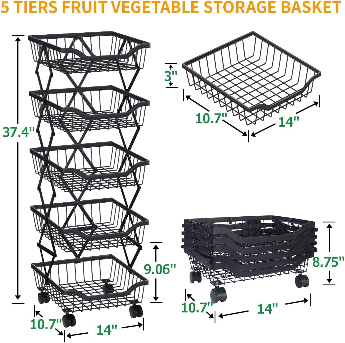 Newzeal Fruit Vegetable Storage Basket 5 Tiers Stackable Metal Wire Fruit Basket Kitchen Cart with Wheels Vegetable Storage Holder for Onions Potatoes Bread Snack Veggie, Black