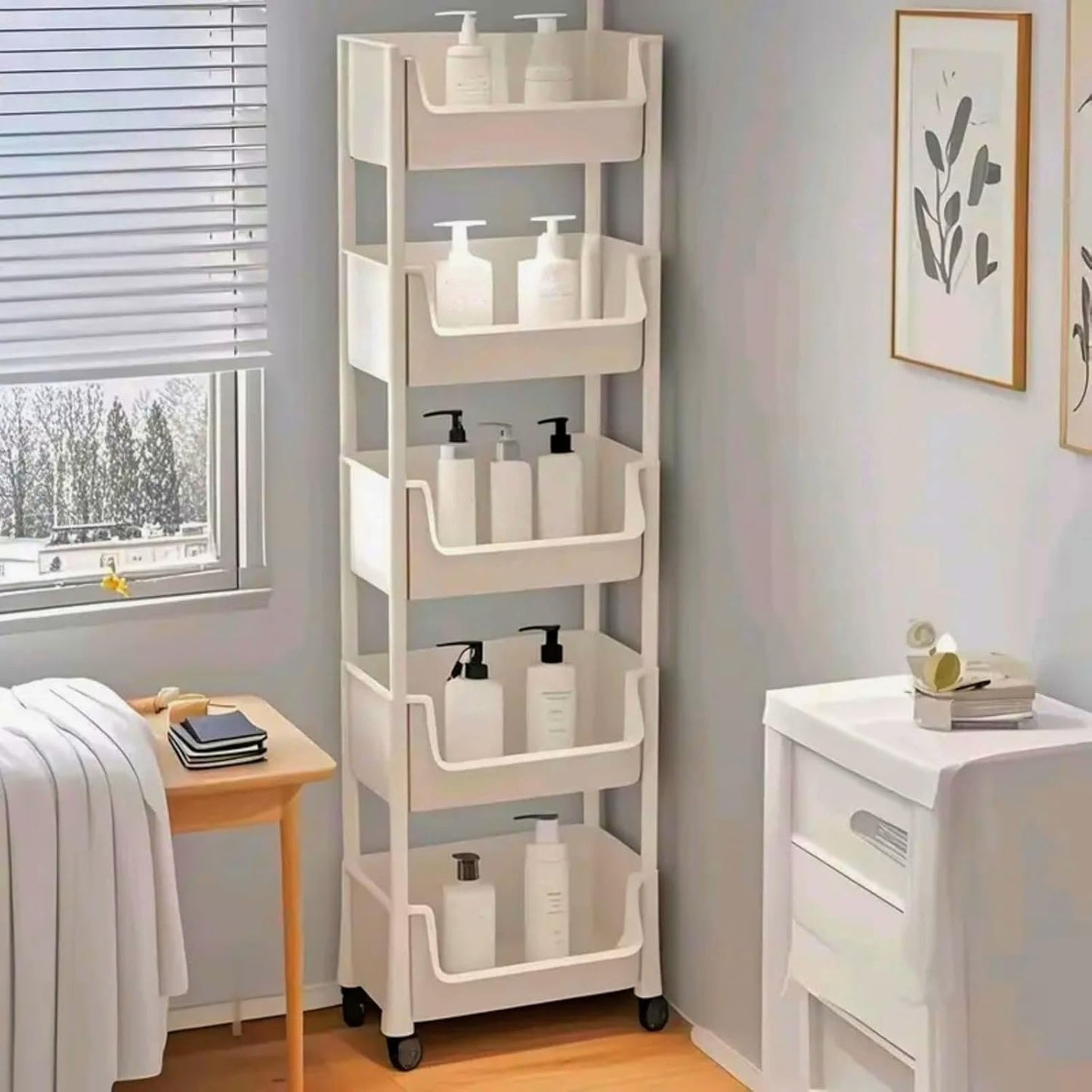 5-Tier Plastic Rolling Utility Cart - Multi Layer Mobile Storage Organizer Plastic Storage Rack with Wheels, Easy Assembly, for Home, Office, Living Room, Kitchen, 11.4" D x 7.2" W x 46.5" H (White)
