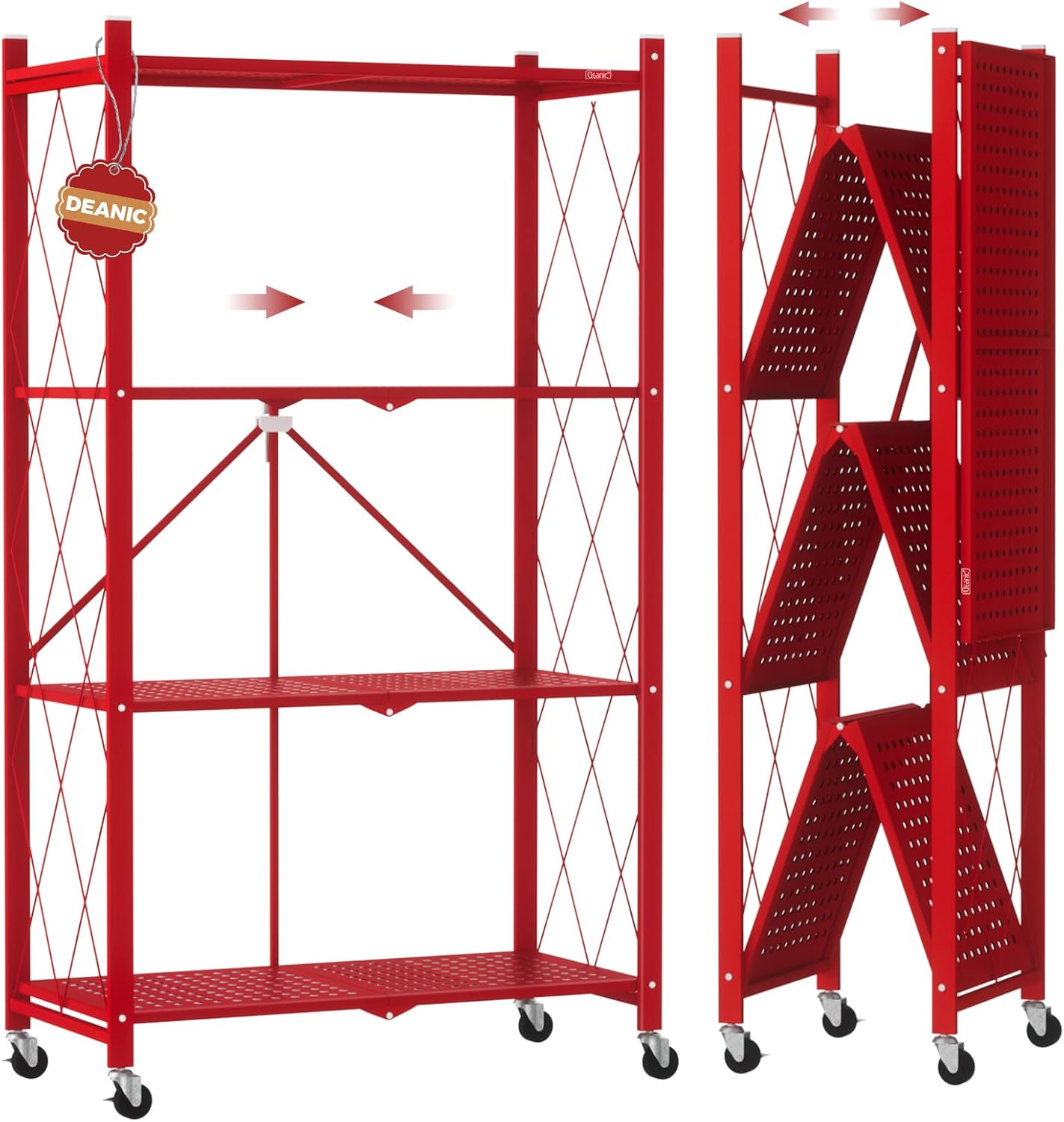 DEANIC 4 Tier Foldable Storage Shelves with Wheels, Large Capacity Shelving Unit, Freestanding Metal Wire Shelf Rack, No Assembly Organizer Rack for Garage Kitchen, Basement, Pantry(Black)