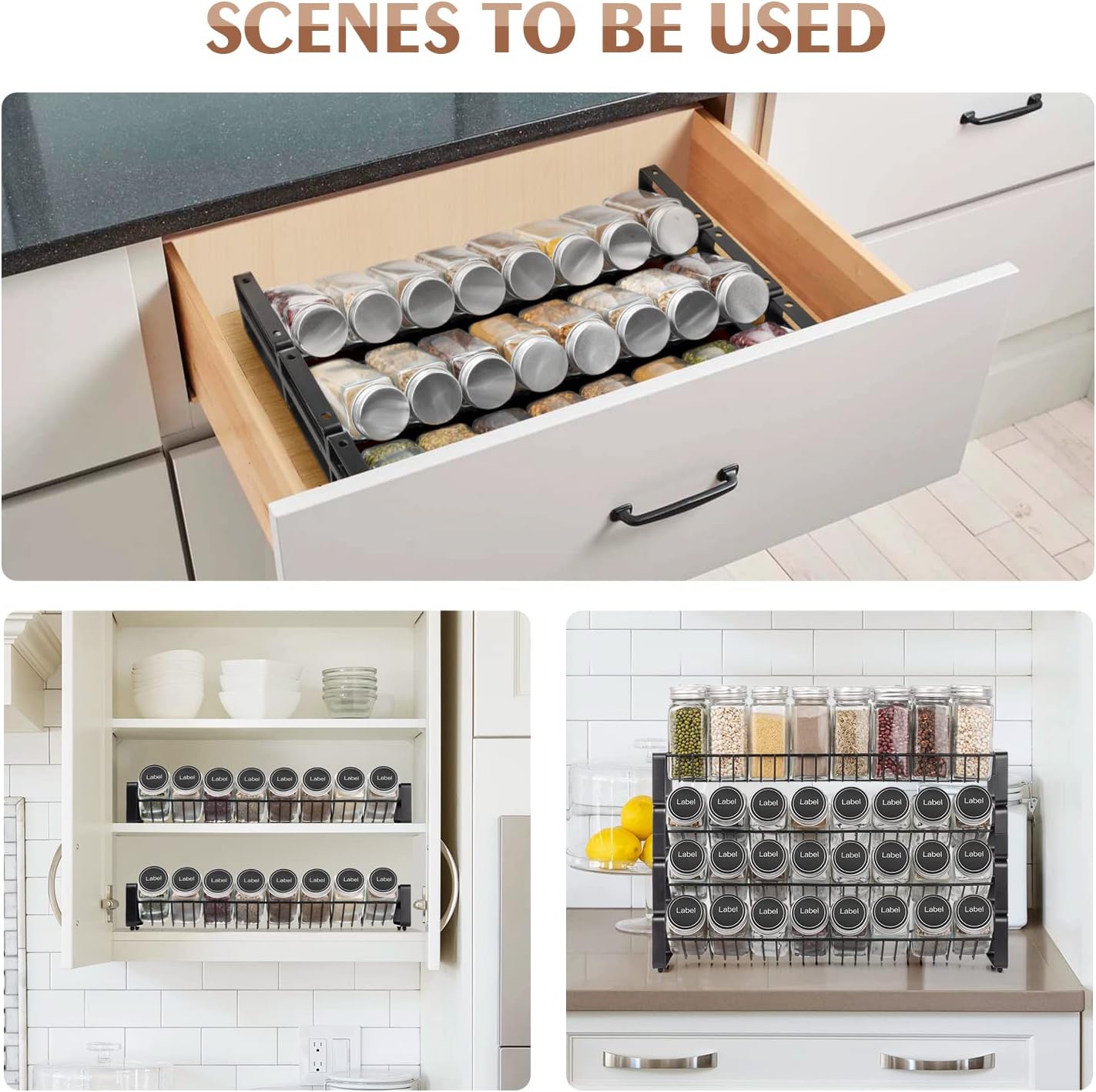 JONYJ 4 Tier Stackable Seasoning Rack Organizer, Detachable Countertop Spice Jar Rack for Cabinet, Freestanding , Black Frosted Iron Kitchen Counter Shelf