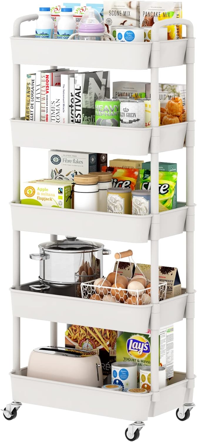 Sywhitta 4-Tier Plastic Rolling Utility Cart with Handle, Multi-Functional Storage Trolley for Office, Living Room, Kitchen, Movable Storage Organizer with Wheels, Black