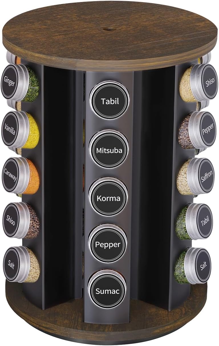 Revolving Spice Rack Set with 20 Spice Jars, Kitchen Spice Tower Organizer for Countertop or Cabinet -- Carousel Storage Includes 386 Spice Labels -- Desktop Rotating Seasoning Organizer