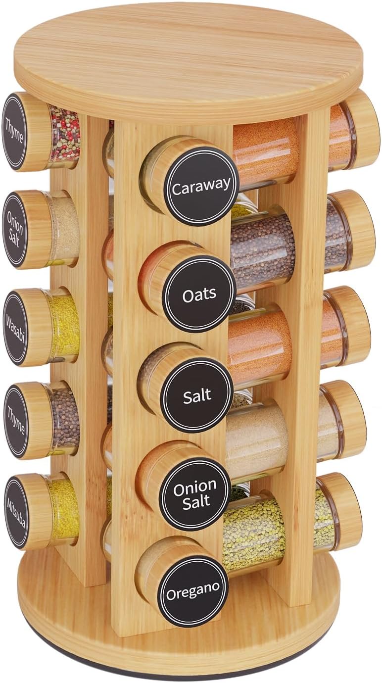 Revolving Spice Rack Set with 20 Spice Jars, Kitchen Spice Tower Organizer for Countertop or Cabinet -- Carousel Storage Includes 386 Spice Labels -- Desktop Rotating Seasoning Organizer