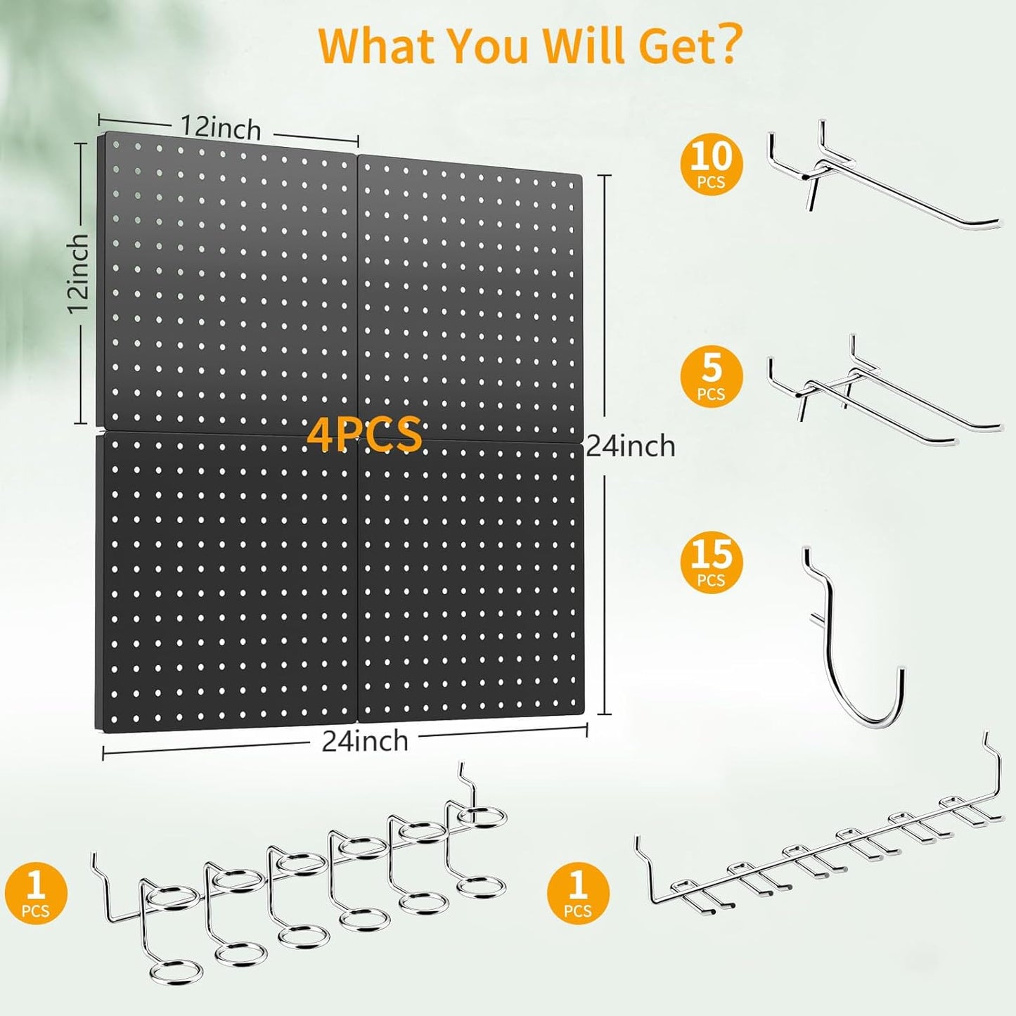FZK Peg Board, 4 Pack Metal Pegboard Kit,Black Pegboard Wall Organizer with 32 Pcs Hooks, Peg Board for Walls Home, Garage Tool Storage, Office Organization, Kitchen, Craft Room