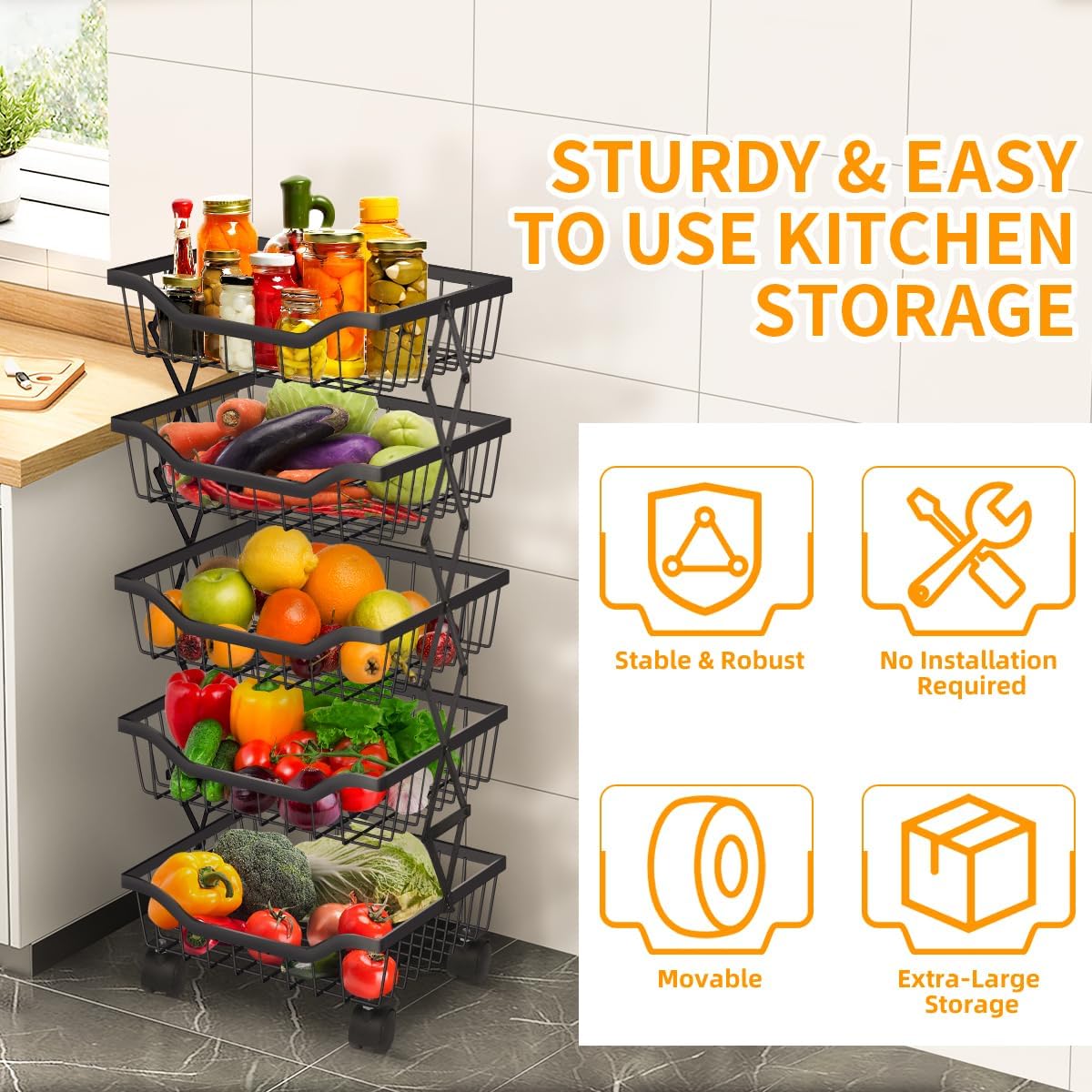 Newzeal Fruit Vegetable Storage Basket 5 Tiers Stackable Metal Wire Fruit Basket Kitchen Cart with Wheels Vegetable Storage Holder for Onions Potatoes Bread Snack Veggie, Black