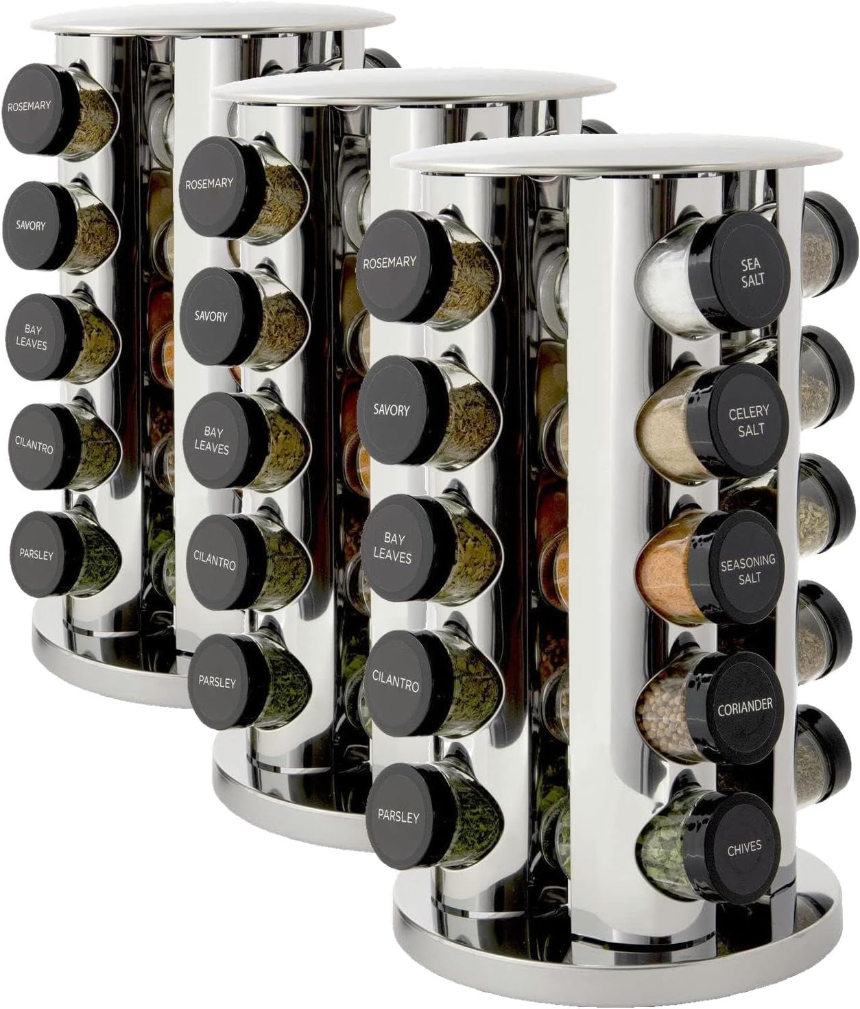 Kamenstein 20 Jar Revolving Countertop Spice Rack with Spices Included, FREE Spice Refills for 5 Years, Polished Stainless Steel with Black Caps, 30020