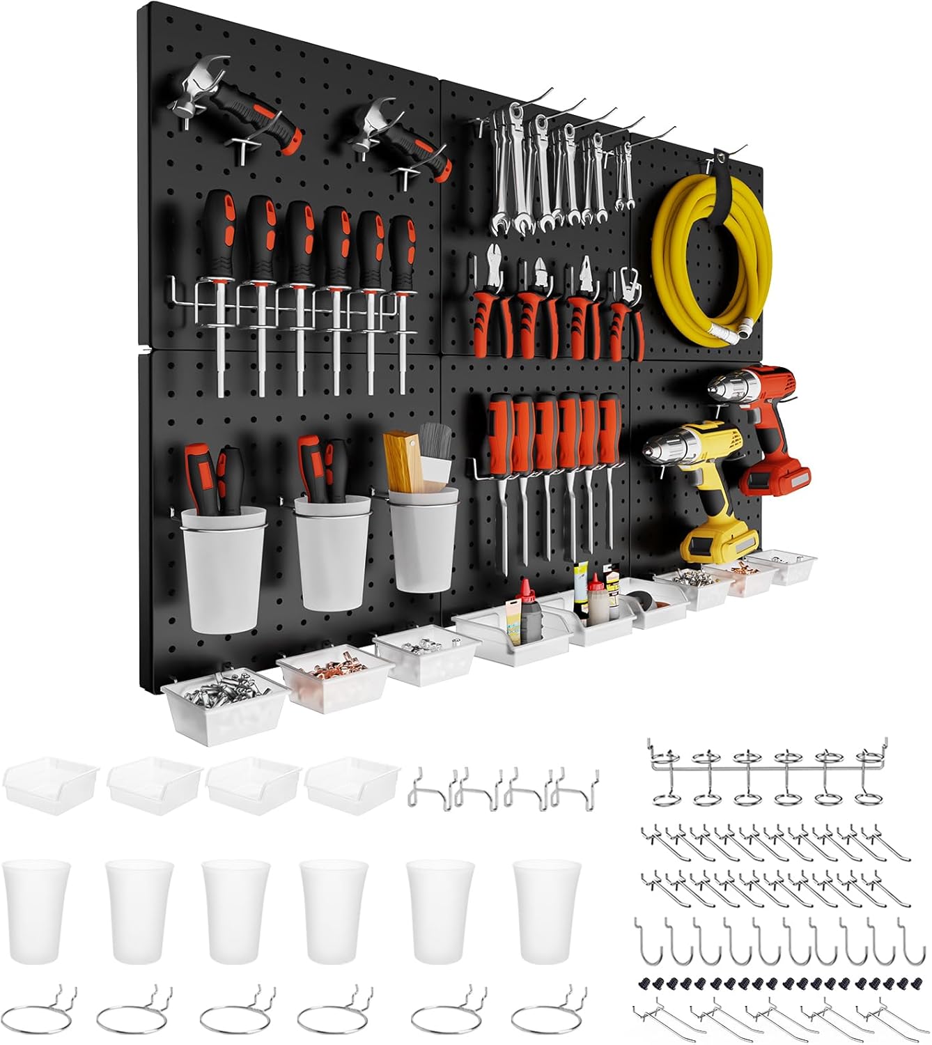 FZK Peg Board, 4 Pack Metal Pegboard Kit,Black Pegboard Wall Organizer with 32 Pcs Hooks, Peg Board for Walls Home, Garage Tool Storage, Office Organization, Kitchen, Craft Room