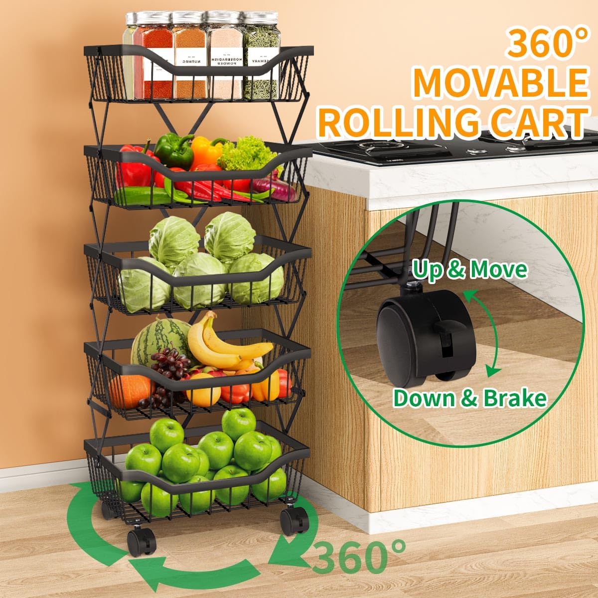 Newzeal Fruit Vegetable Storage Basket 5 Tiers Stackable Metal Wire Fruit Basket Kitchen Cart with Wheels Vegetable Storage Holder for Onions Potatoes Bread Snack Veggie, Black