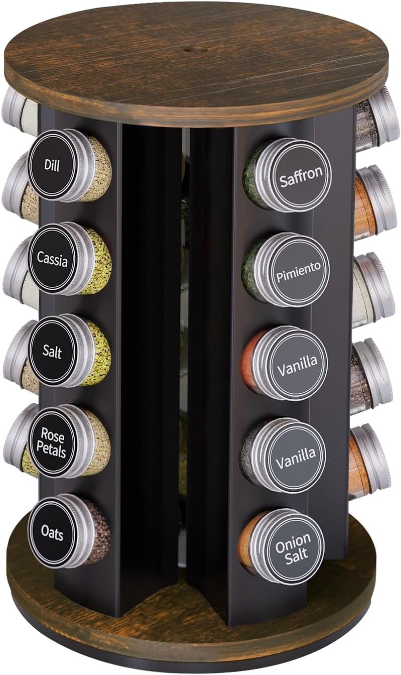 Revolving Spice Rack Set with 20 Spice Jars, Kitchen Spice Tower Organizer for Countertop or Cabinet -- Carousel Storage Includes 386 Spice Labels -- Desktop Rotating Seasoning Organizer