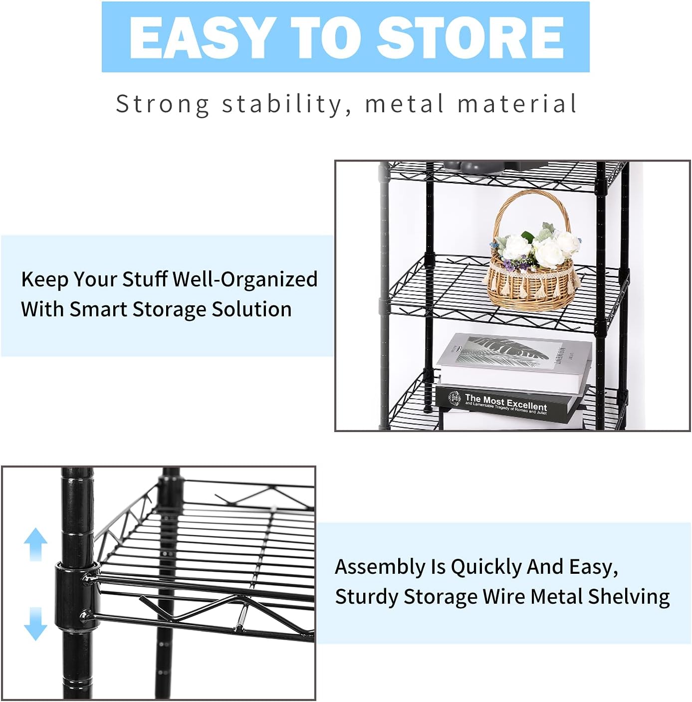 5-Tier Wire Shelving Adjustable Shelves Unit Metal Storage Rack for Laundry Bathroom Kitchen Pantry Closet Organization (Black, 16.6" L x 11.4" W x 49.1" H)