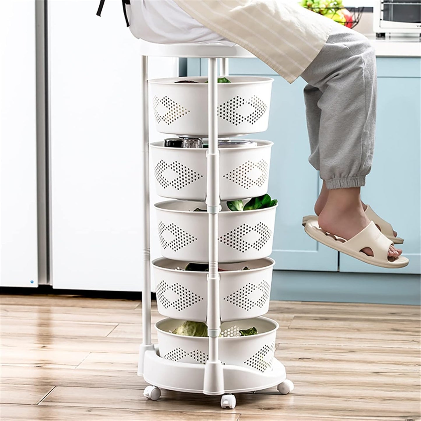 5 Tier Kitchen Storage Cart Multi-Layer Storage Basket with Wheels Fruit Vegetable Storage Shelves Racks Rolling Storage Cart for Kitchen Living Room Bedroom, White (5 Tier)