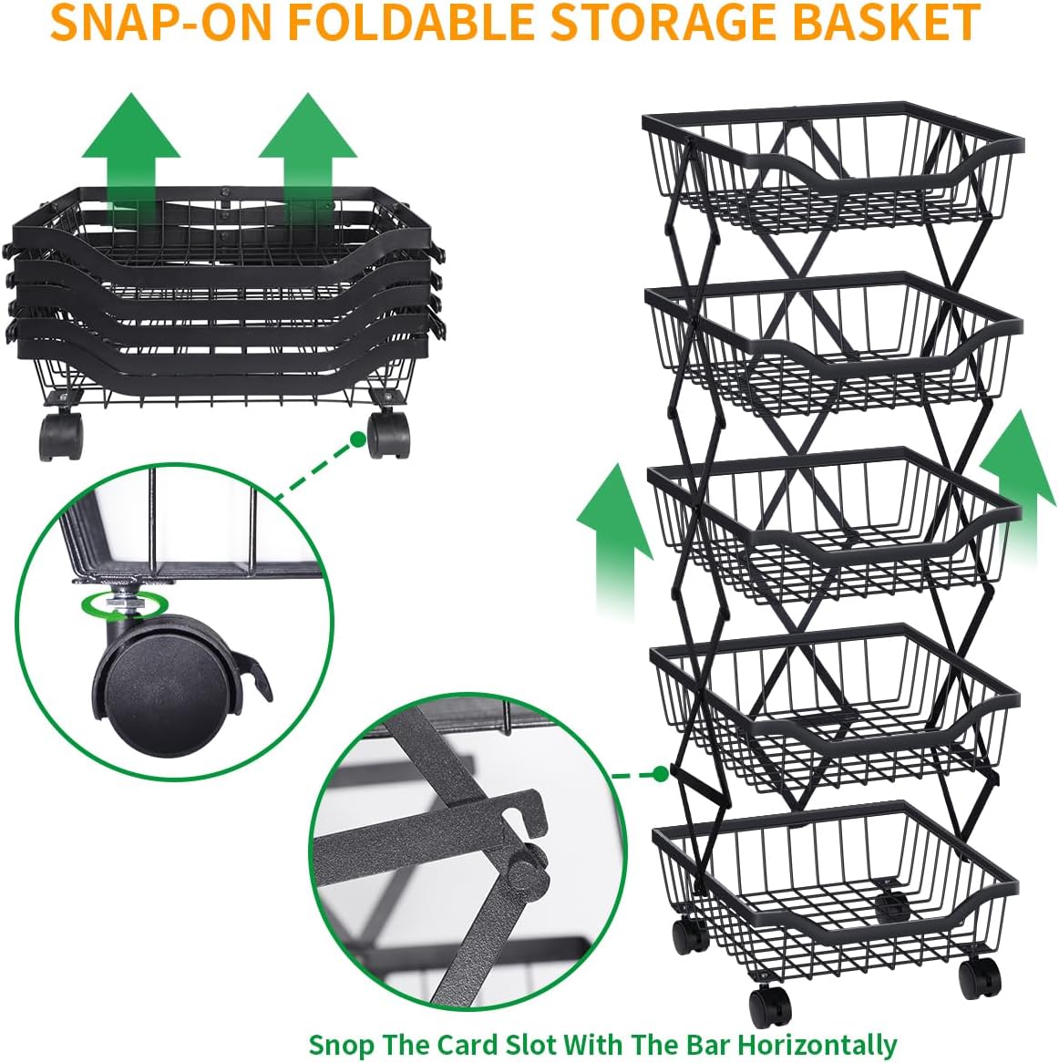 Newzeal Fruit Vegetable Storage Basket 5 Tiers Stackable Metal Wire Fruit Basket Kitchen Cart with Wheels Vegetable Storage Holder for Onions Potatoes Bread Snack Veggie, Black