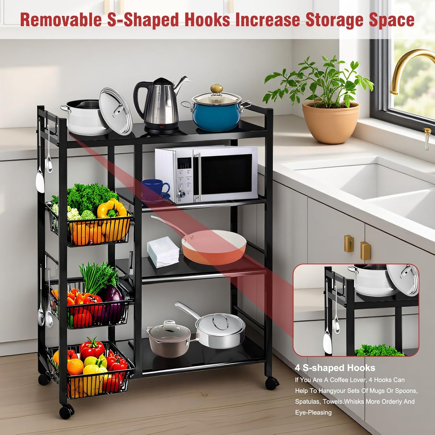 ALSO GO 4 Tiers Freestanding Kitchen Storage Rack, Multi-Functional Multi-Layer Mobile Storage Shelf with 3 Baskets, Suitable for Kitchen, Bedroom, Living Room, and Balcony, Black