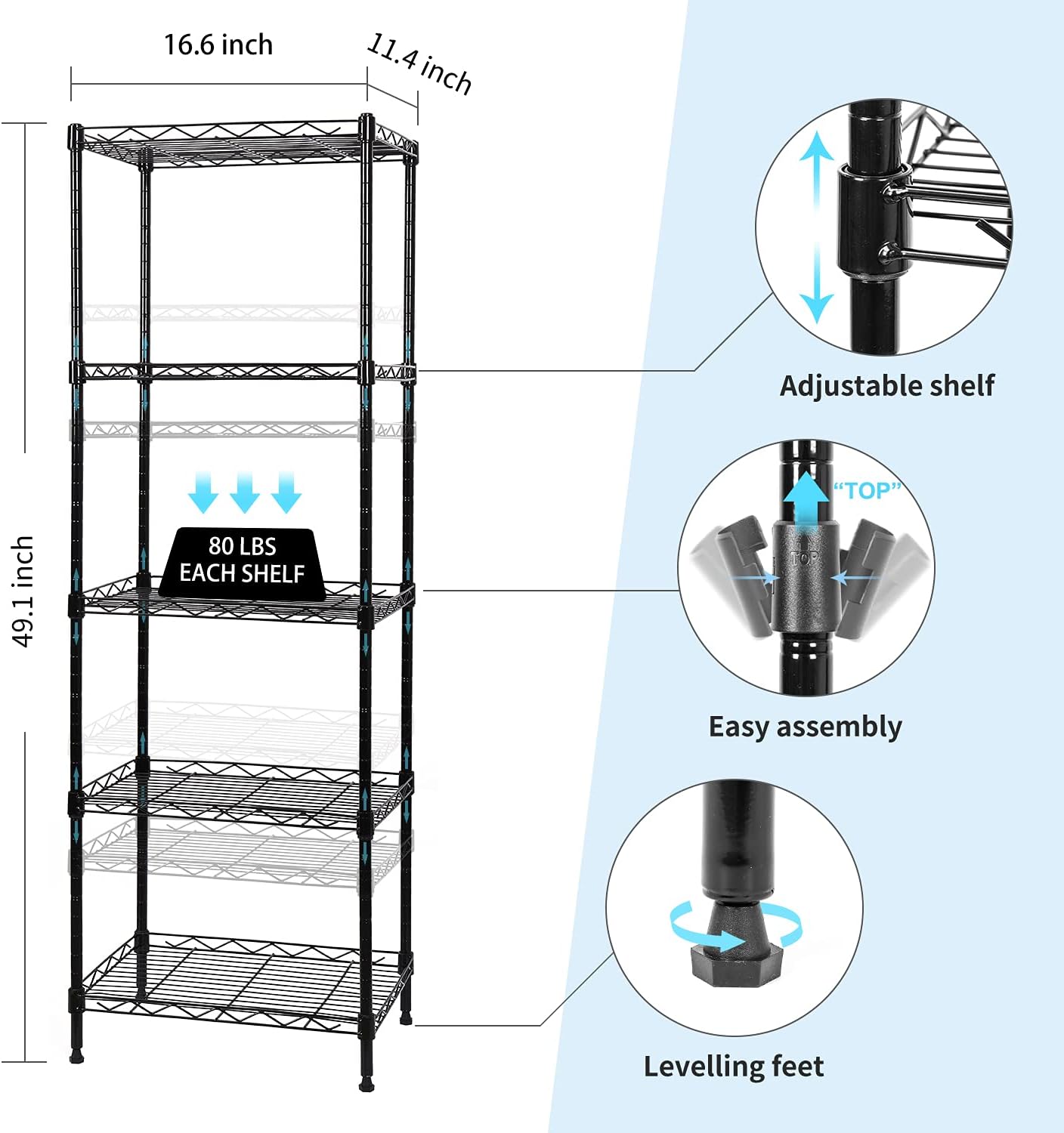5-Tier Wire Shelving Adjustable Shelves Unit Metal Storage Rack for Laundry Bathroom Kitchen Pantry Closet Organization (Black, 16.6" L x 11.4" W x 49.1" H)