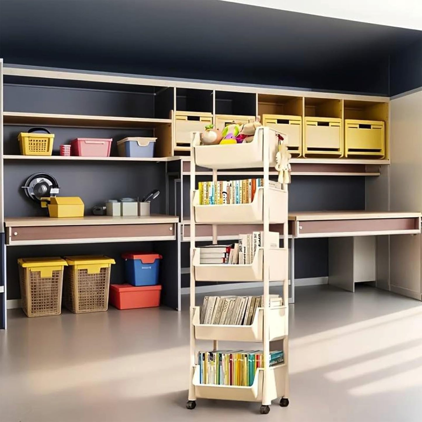 5-Tier Plastic Rolling Utility Cart - Multi Layer Mobile Storage Organizer Plastic Storage Rack with Wheels, Easy Assembly, for Home, Office, Living Room, Kitchen, 11.4" D x 7.2" W x 46.5" H (White)
