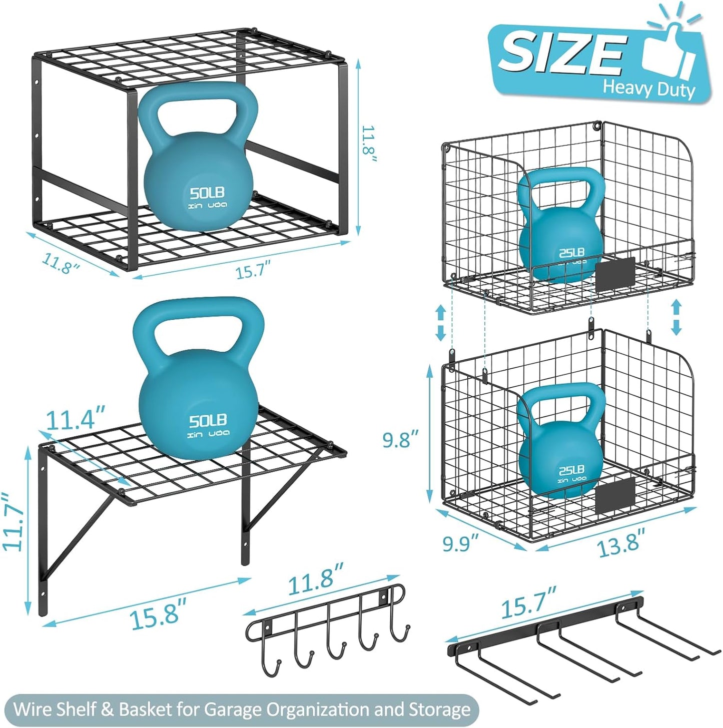 Garage Shelf Wall Mounted with Wire baskets, Heavy Duty Garage Wall Shelving with Garden Tool Rack and Hooks, Wire Shelf Baskets Tool Organizer for Home Garden Yard Organization and Storage