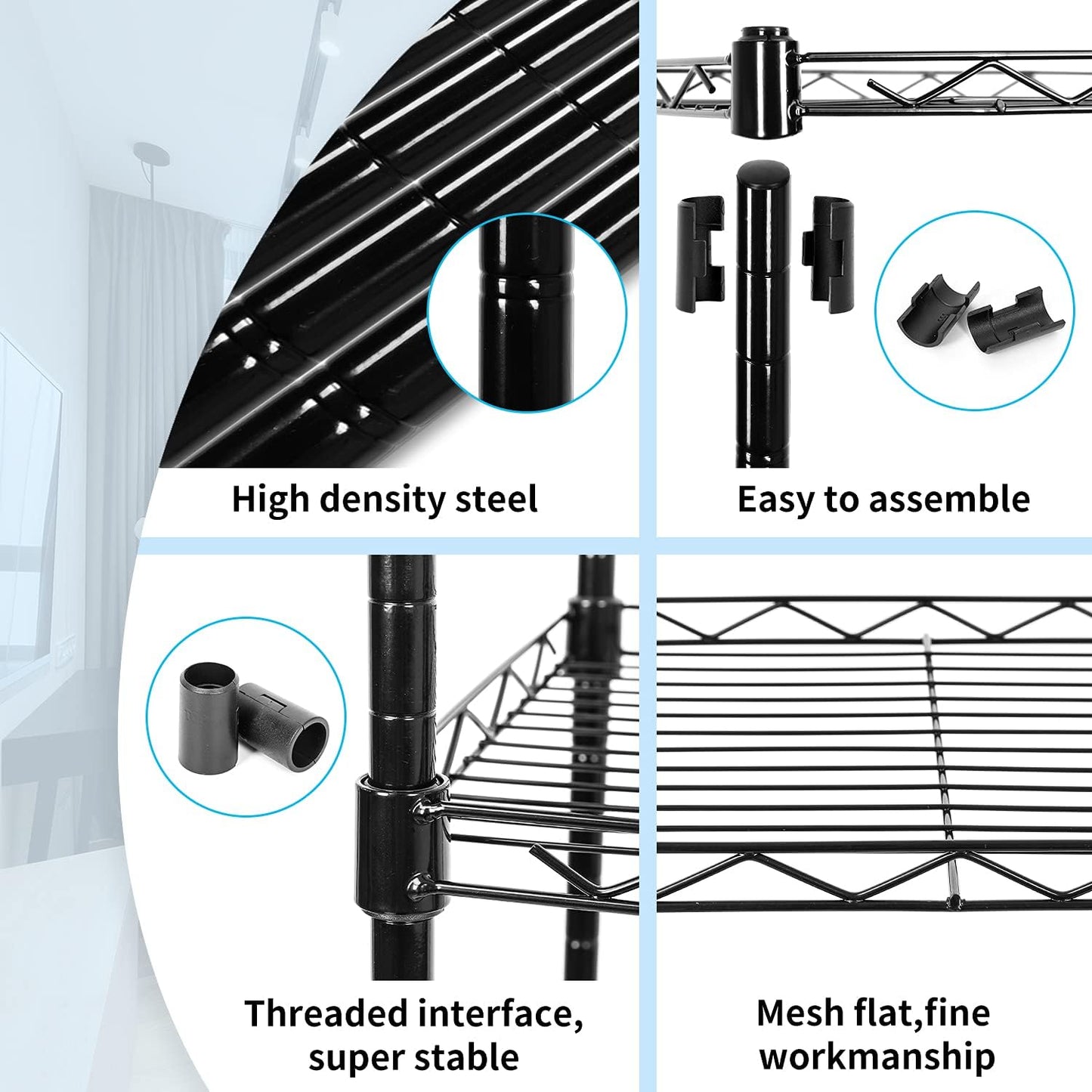 5-Tier Wire Shelving Adjustable Shelves Unit Metal Storage Rack for Laundry Bathroom Kitchen Pantry Closet Organization (Black, 16.6" L x 11.4" W x 49.1" H)