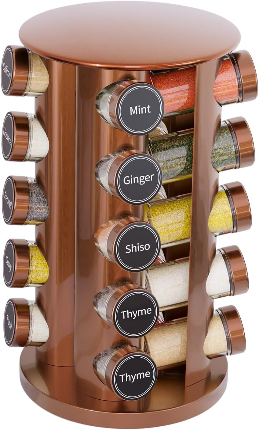 Revolving Spice Rack Set with 20 Spice Jars, Kitchen Spice Tower Organizer for Countertop or Cabinet -- Carousel Storage Includes 386 Spice Labels -- Desktop Rotating Seasoning Organizer
