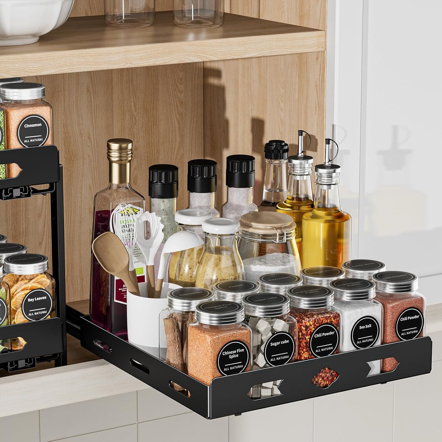 Spice Organization for Cabinet, 2-Tier Cabinet Spice Rack, Height Adjustable Vertical Spice Rack Pull Out for Kitchen, Cabinet, Pantry (14.1''Wx10.8''Dx9.2''H, Metal Black)