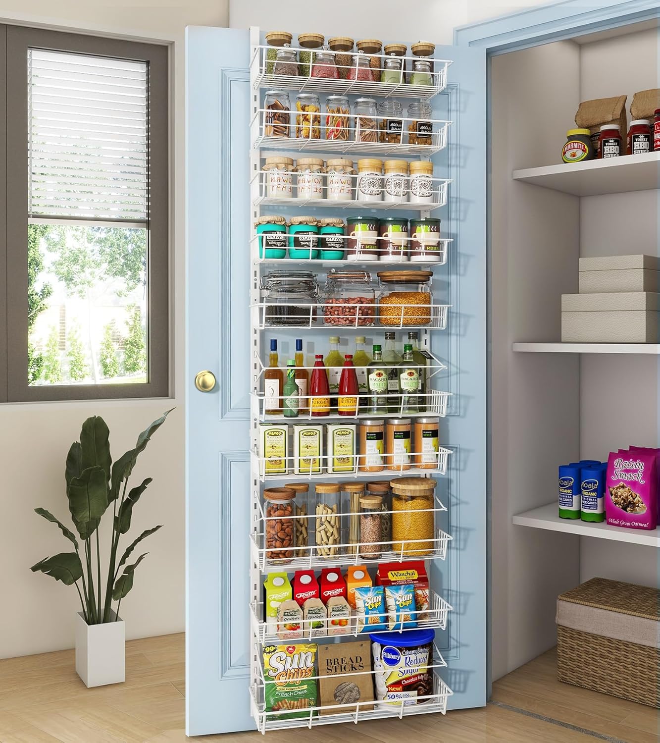Over The Door Pantry Organizer, Pantry Storage and Organization, 6-Tier Adjustable Hanging Baskets, Metal Wall Mount Spice Rack Seasoning Shelves for Home & Kitchen, Laundry Bathroom - Black